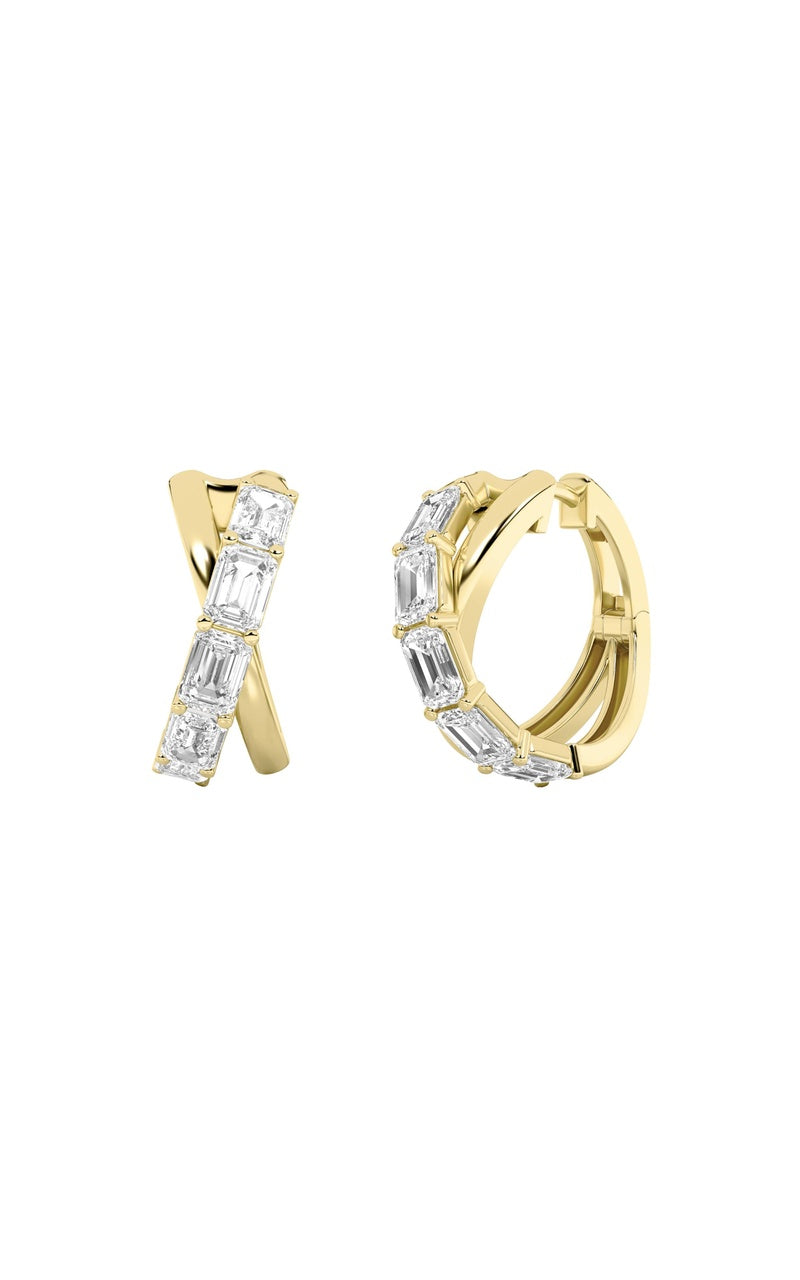 3CTW Emerald Shaped Lab Grown Diamond (F/VS) Huggie Earrings in 14K Gold