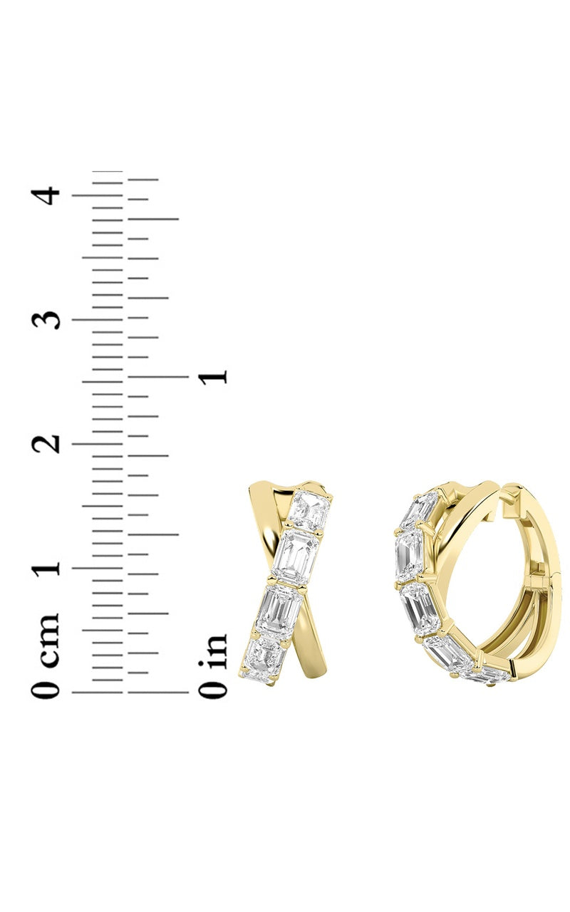3CTW Emerald Shaped Lab Grown Diamond (F/VS) Huggie Earrings in 14K Gold