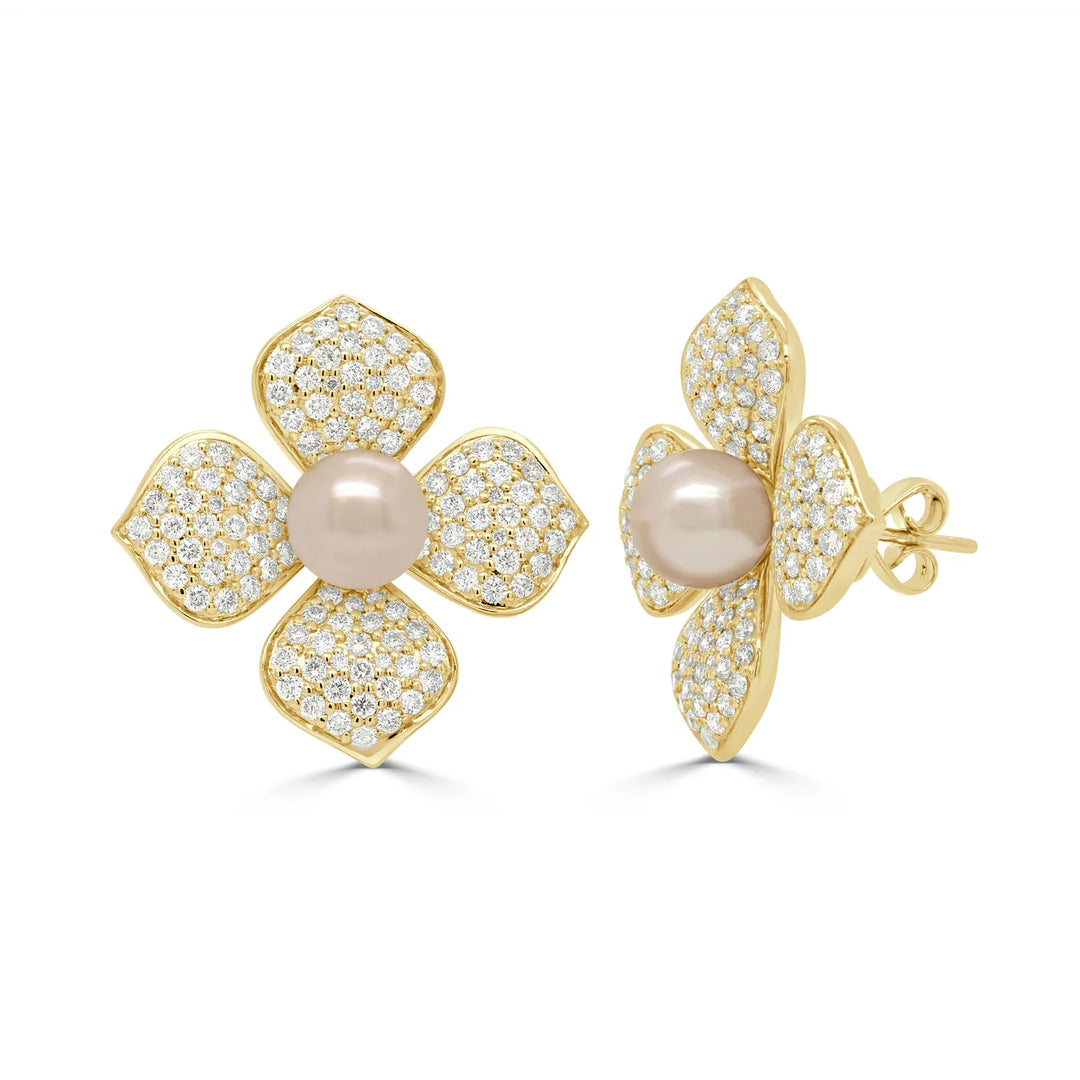 Freshwater Pearl & Diamond Floral Earrings