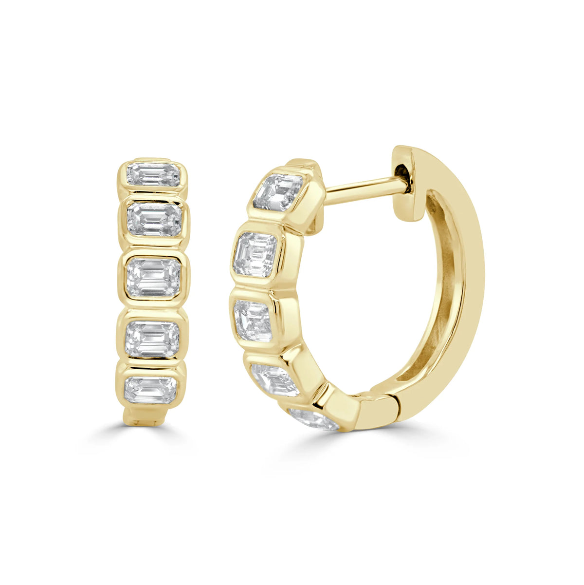 Emerald cut bezel diamond huggies