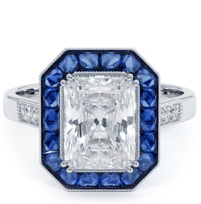Art Deco Diamond & Sapphire Radiant Shape Semi-mount
