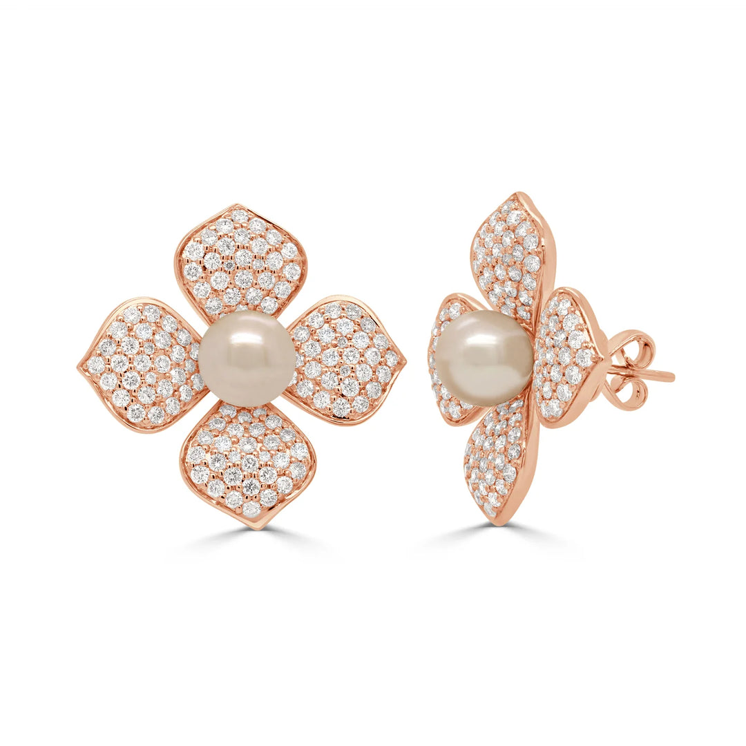 Freshwater Pearl & Diamond Floral Earrings