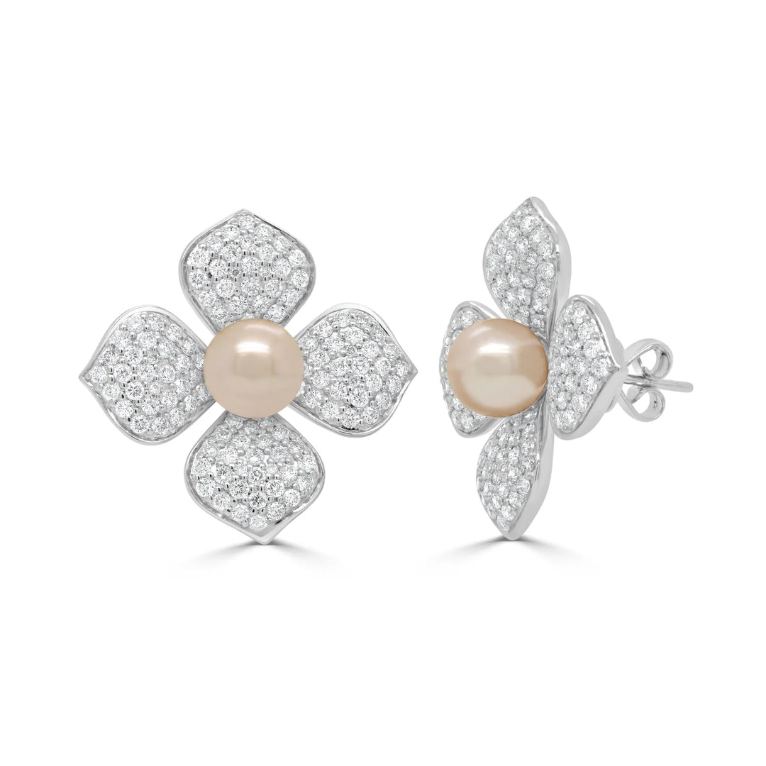 Freshwater Pearl & Diamond Floral Earrings