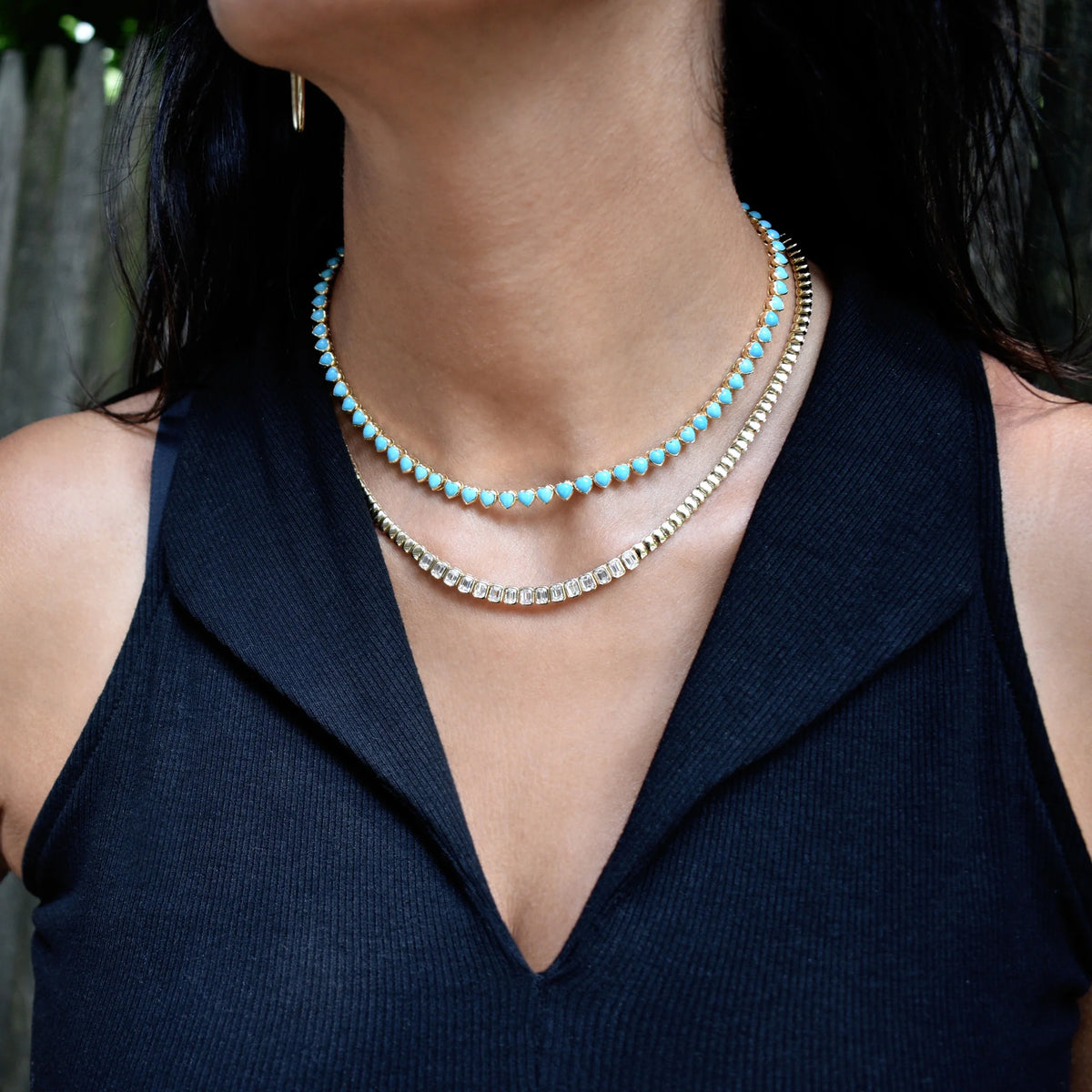 Emerald cut diamond bezel set necklace