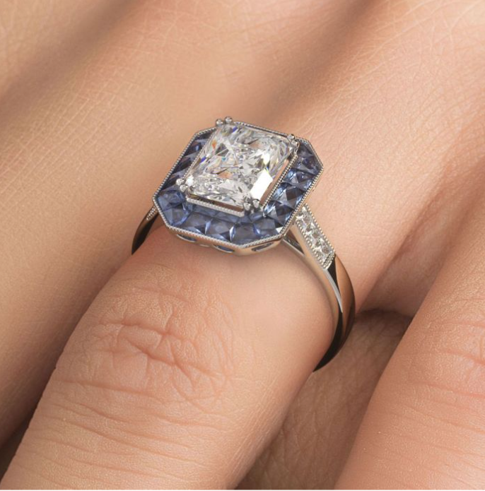 Art Deco Diamond & Sapphire Radiant Shape Semi-mount