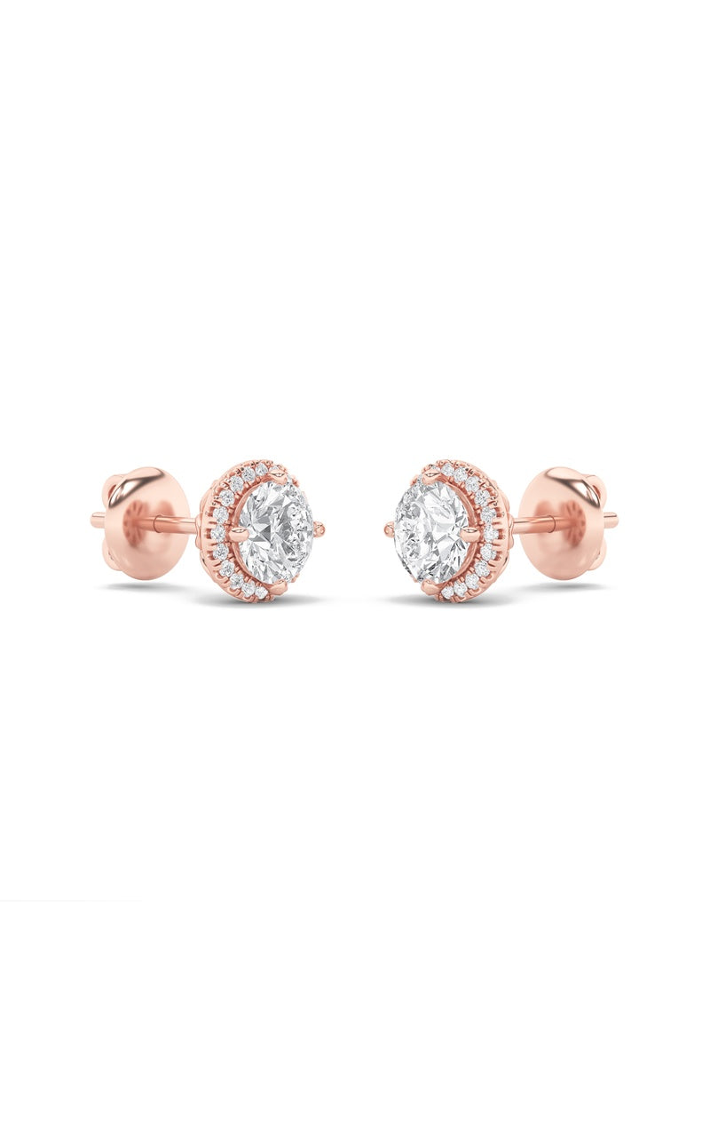1CTW Round Shaped Lab Grown Diamond (F/VS) Halo Stud Earrings in 14K Gold