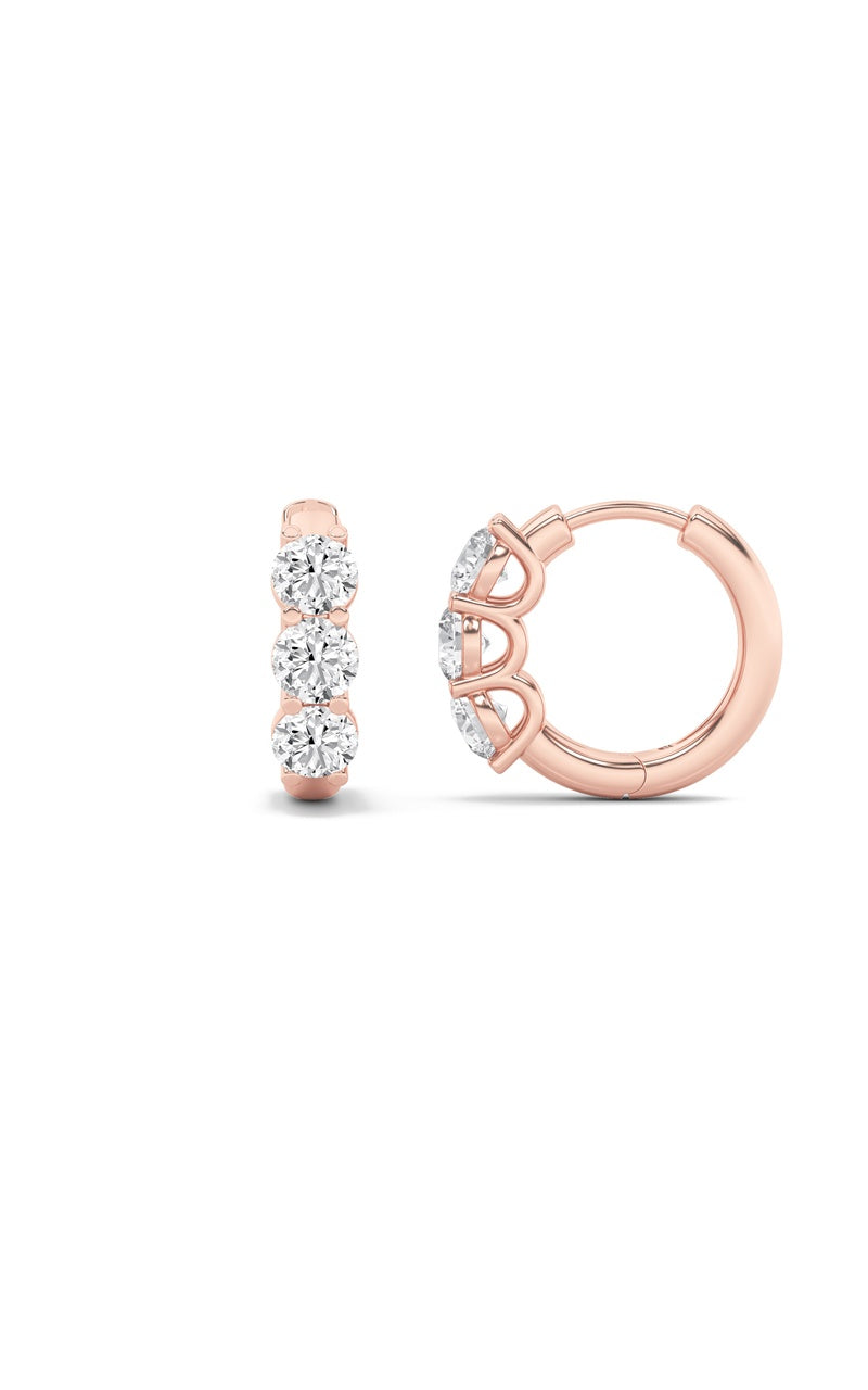 2CTW Round Shaped Lab Grown Diamond (G/VS) Three Stone Huggie Earrings in 10K Gold