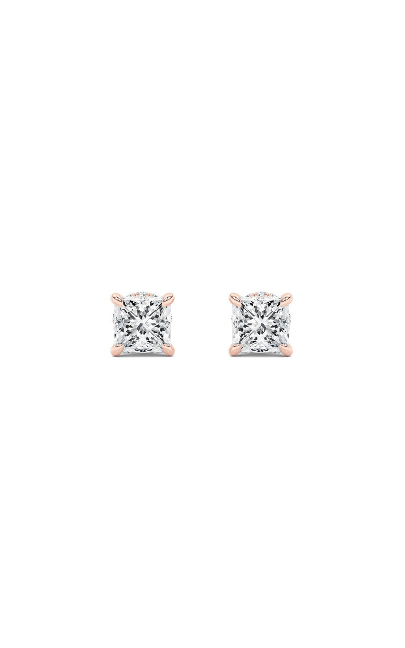 3CTW Princess Shaped Lab Grown Diamond (F/VS) Hidden Halo Stud Earrings in 14K Gold