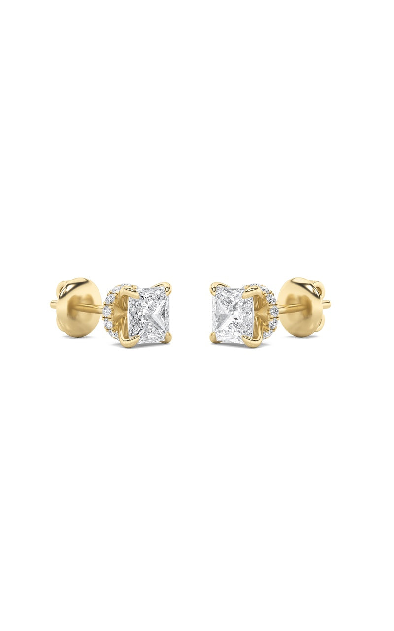 5CTW Princess Shaped Lab Grown Diamond (F/VS) Hidden Halo Stud Earrings in 14K Gold