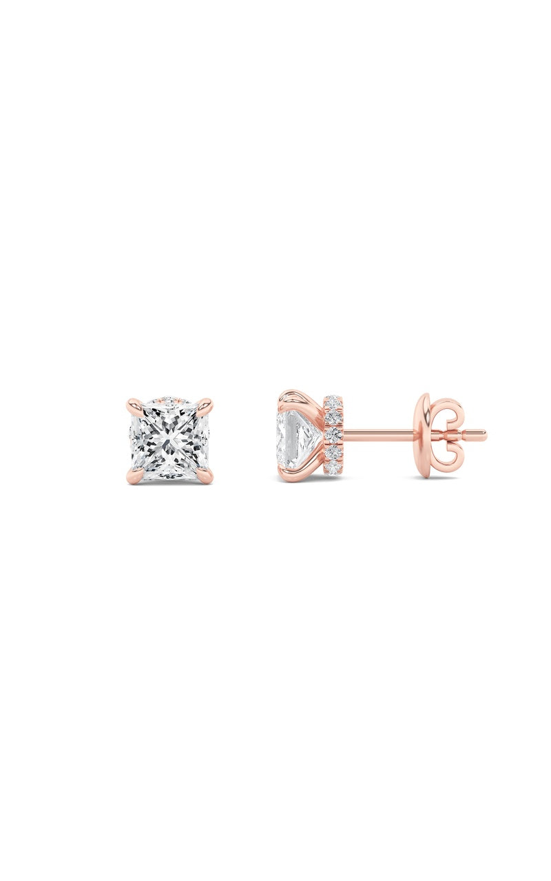 5CTW Princess Shaped Lab Grown Diamond (F/VS) Hidden Halo Stud Earrings in 14K Gold