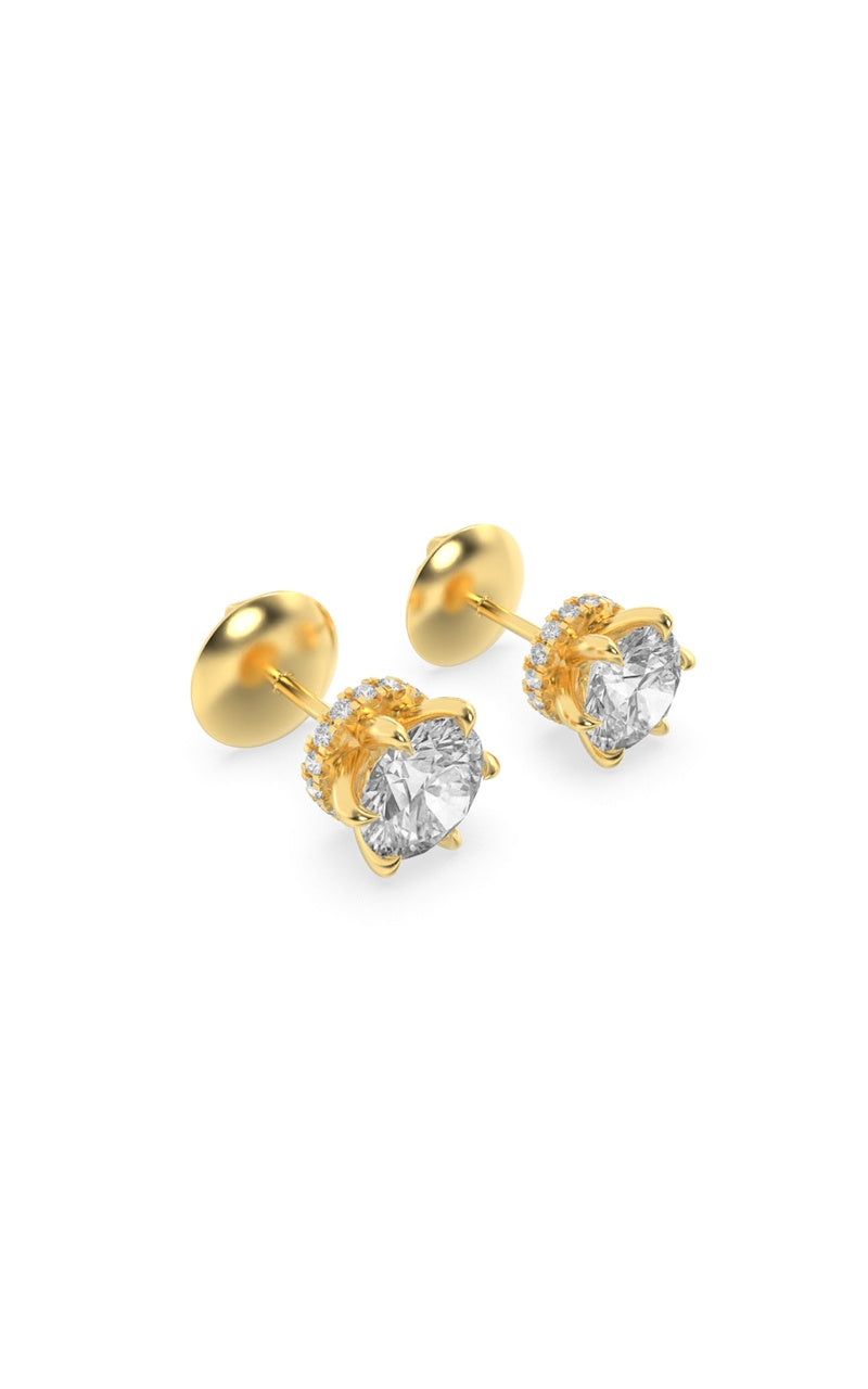 3CTW Round Shaped Lab Grown Diamond (F/VS) Hidden Halo Stud Earrings in 14K Gold