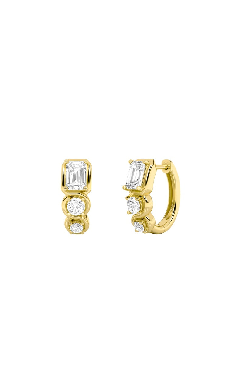 2.5CTW Emerald Shaped Lab Grown Diamond (F/VS) Three Stone Huggie Earrings in 14K Gold