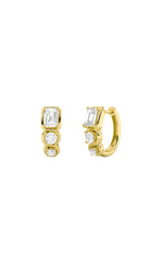 Load image into Gallery viewer, 2.5CTW Emerald Shaped Lab Grown Diamond (F/VS) Three Stone Huggie Earrings in 14K Gold
