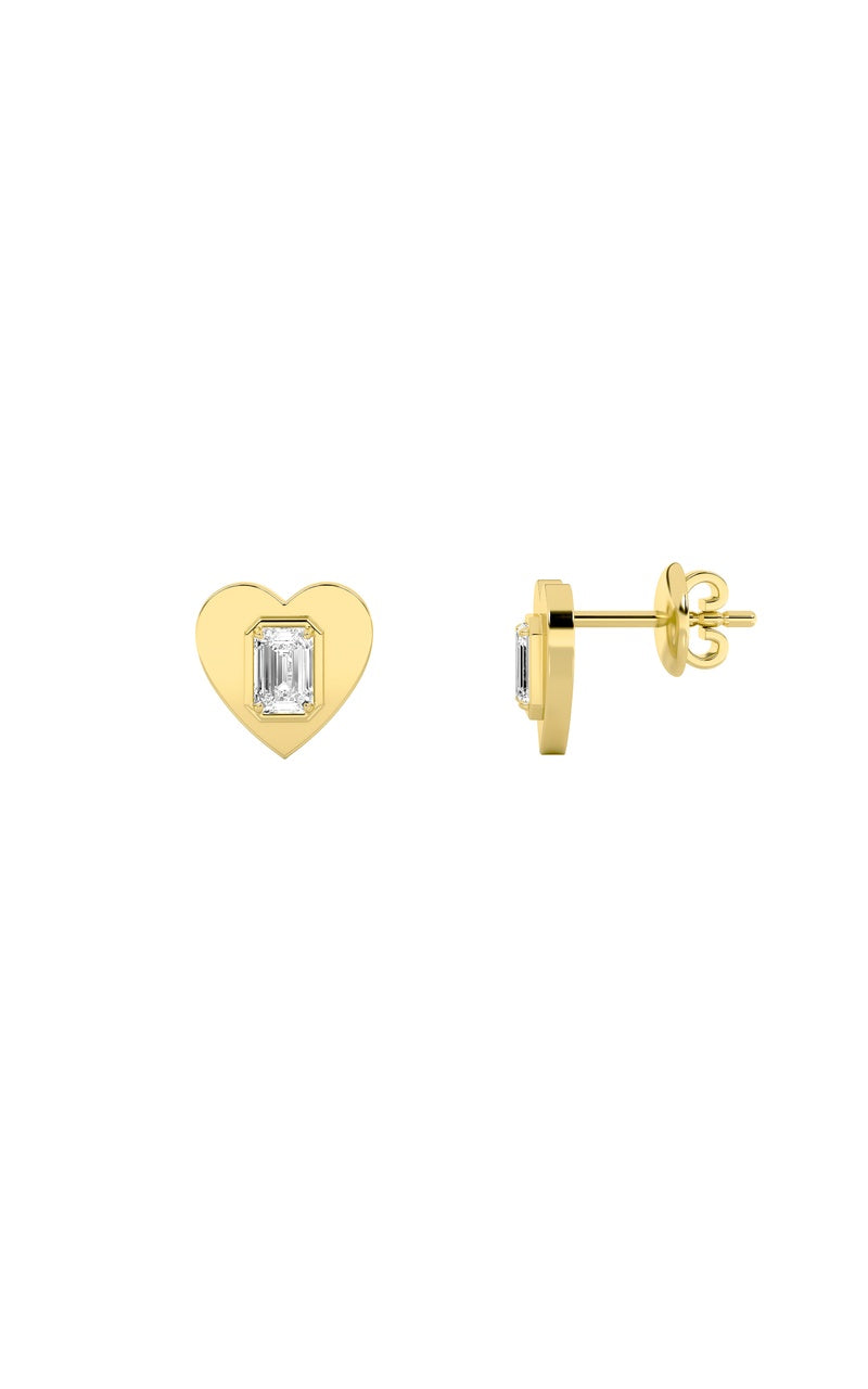 1CTW Emerald Shaped Lab Grown Diamond (F/VS) Heart Shaped Stud Earrings in 14K Gold