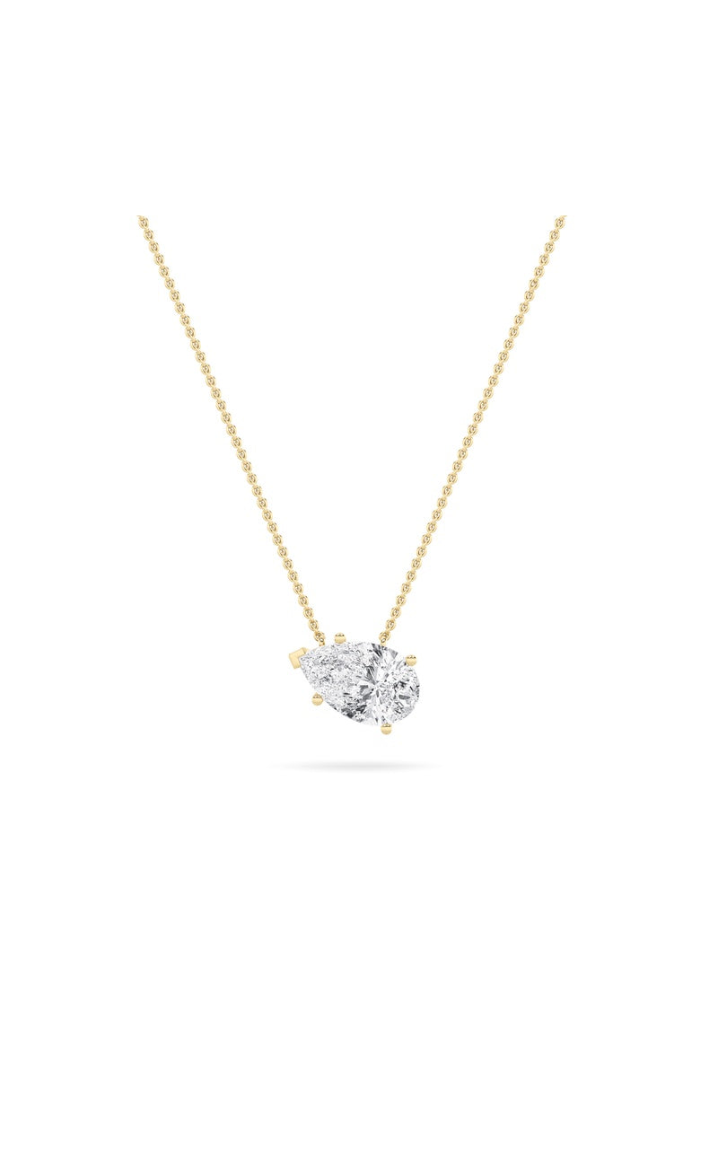 3CTW Pear Shaped Lab Grown Diamond (F/VS) East West Solitaire Necklace in 14K Gold