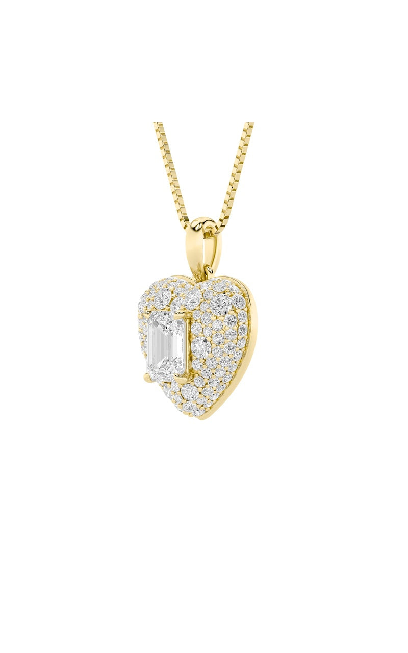 2CTW Emerald Shaped Lab Grown Diamond (F/VS) Pave Accented Heart Shaped Pendant in 14K Gold