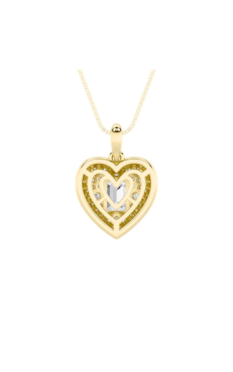 2CTW Emerald Shaped Lab Grown Diamond (F/VS) Pave Accented Heart Shaped Pendant in 14K Gold