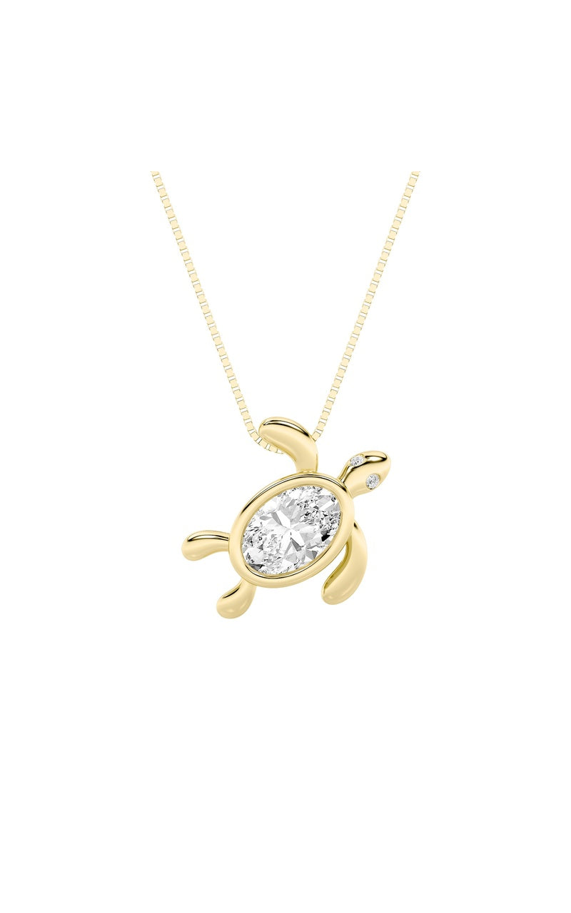 1.5CTW Oval Shaped Lab Grown Diamond (F/VS) Bezel Set Turtle Pendant in 14K Gold