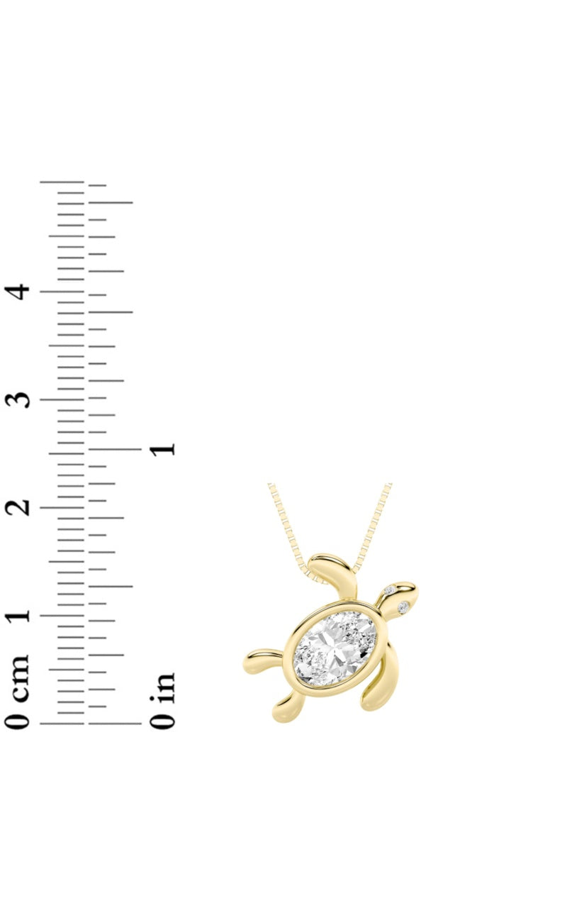 1.5CTW Oval Shaped Lab Grown Diamond (F/VS) Bezel Set Turtle Pendant in 14K Gold