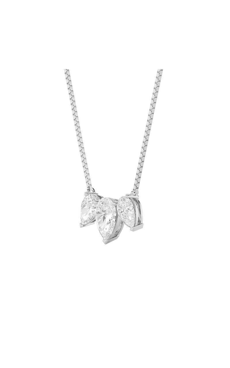 3CTW Pear Shaped Lab Grown Diamond (F/VS) Three Stone Necklace in 14K Gold