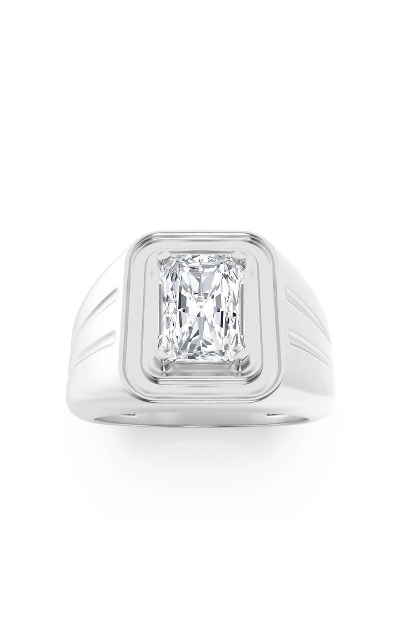 2CTW Emerald Shaped Lab Grown Diamond (F/VS) Mens Ring in 14K White Gold