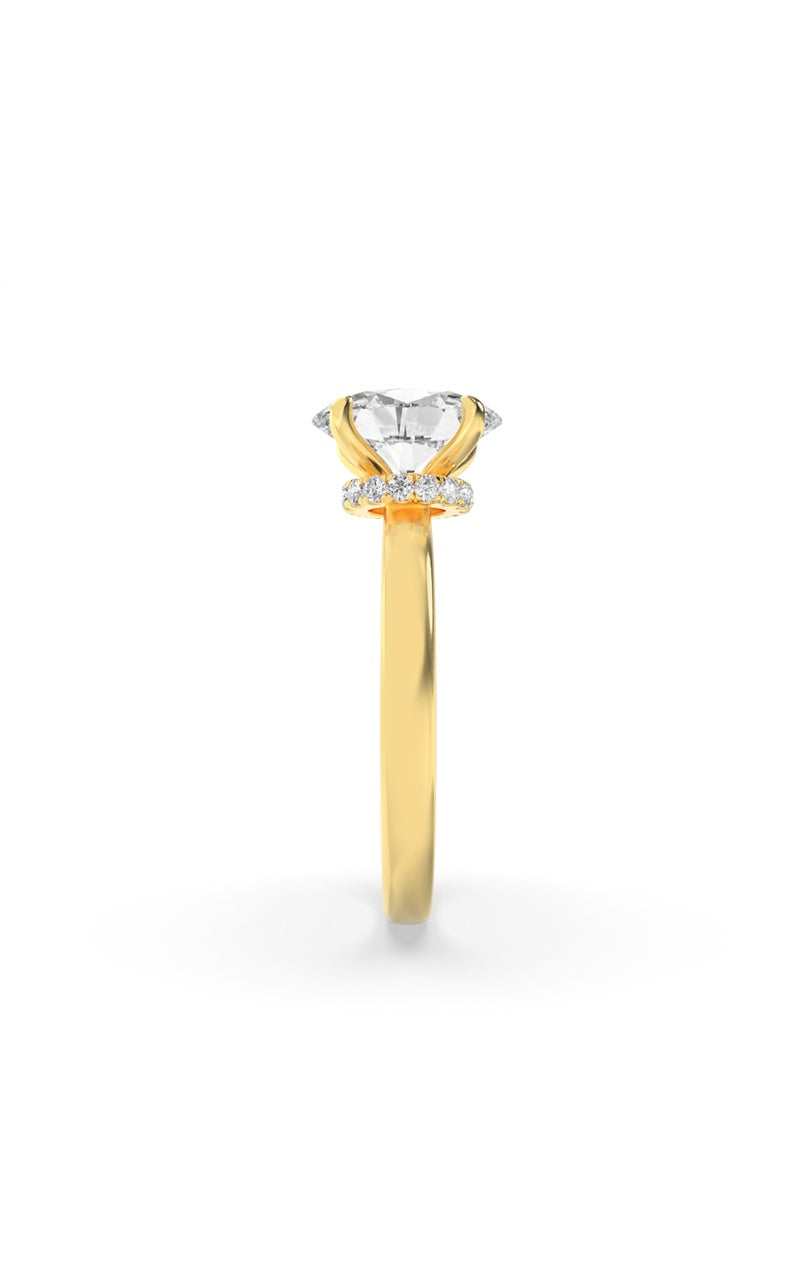 2CTW Oval Shaped Lab Grown Diamond (F/VS) Hidden Halo Plain Shank Engagement Ring in 14K Gold