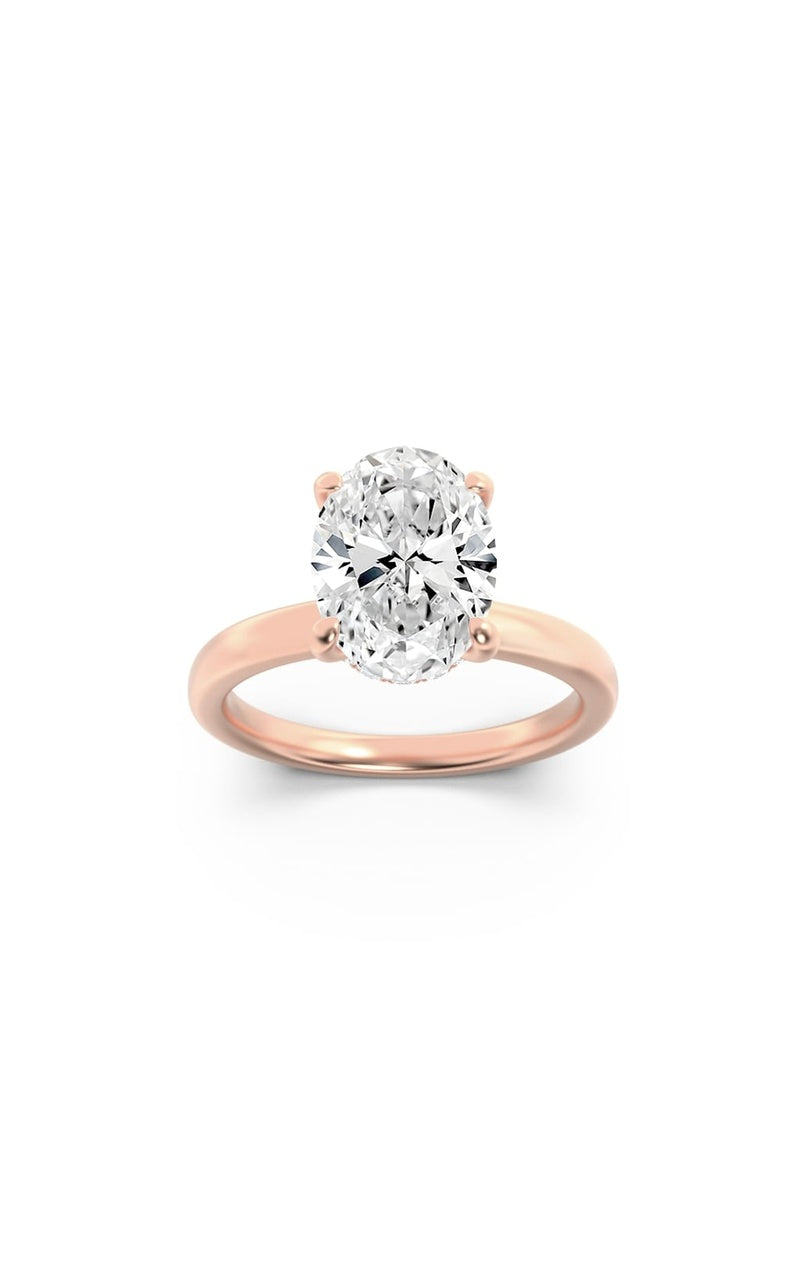 2CTW Oval Shaped Lab Grown Diamond (F/VS) Hidden Halo Plain Shank Engagement Ring in 14K Gold