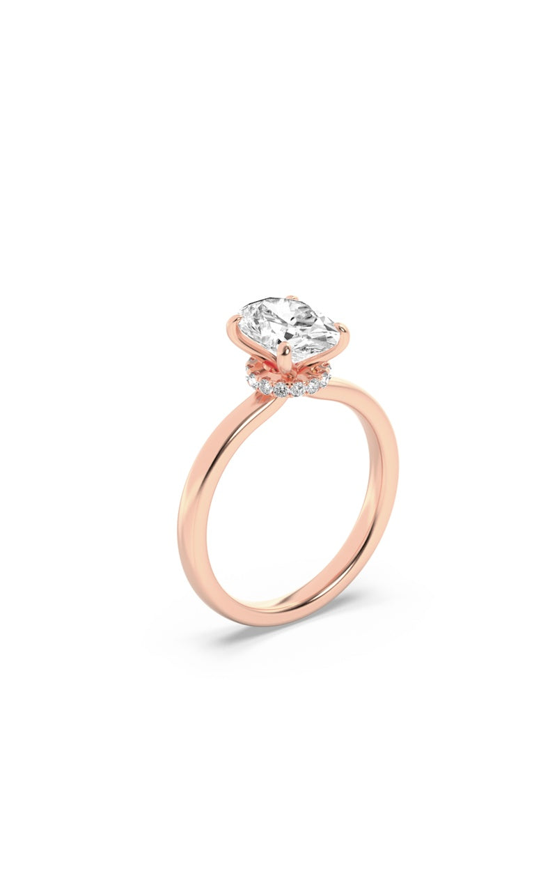 2CTW Oval Shaped Lab Grown Diamond (F/VS) Hidden Halo Plain Shank Engagement Ring in 14K Gold