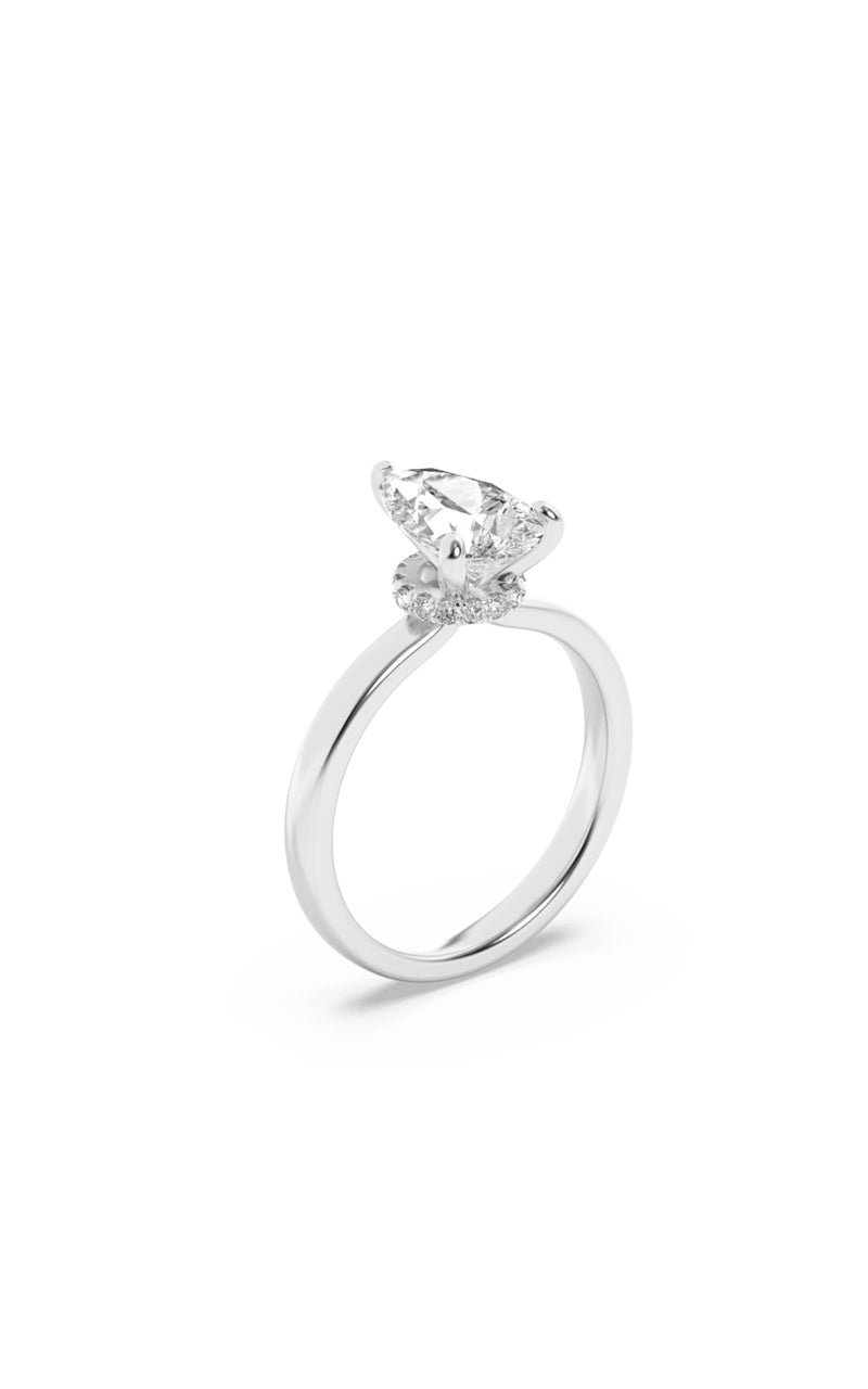 3CTW Pear Shaped Lab Grown Diamond (F/VS) Hidden Halo Plain Shank Engagement Ring in 14K Gold