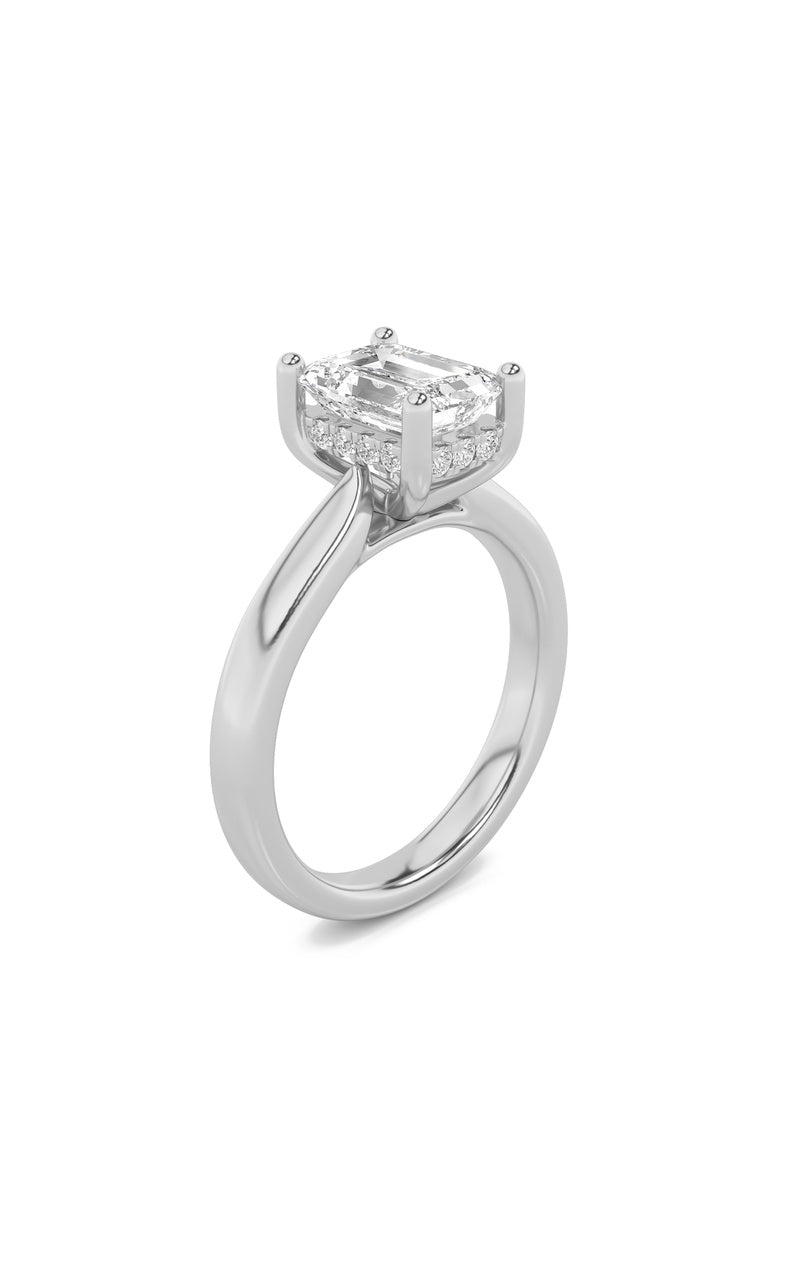 1CTW Emerald Shaped Lab Grown Diamond (F/VS) Hidden Halo Cathedral Shank Engagement Ring in 14K Gold