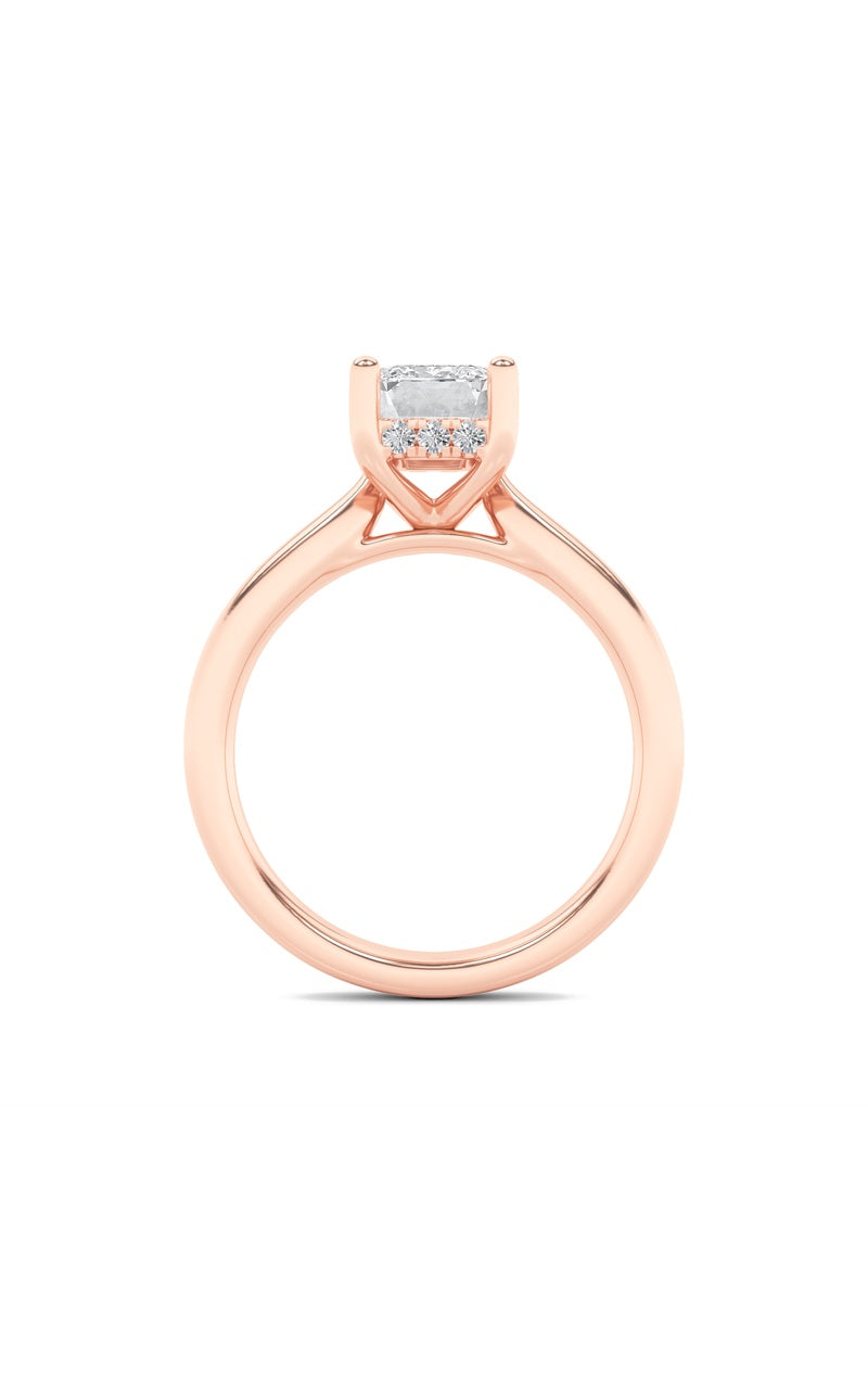 2CTW Emerald Shaped Lab Grown Diamond (F/VS) Hidden Halo Cathedral Shank Engagement Ring in 14K Gold