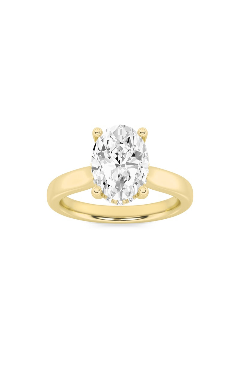 2CTW Oval Shaped Lab Grown Diamond (F/VS) Hidden Halo Cathedral Shank Engagement Ring in 14K Gold