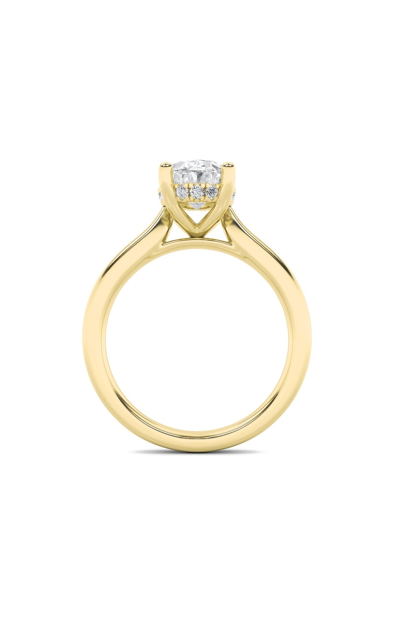 2CTW Oval Shaped Lab Grown Diamond (F/VS) Hidden Halo Cathedral Shank Engagement Ring in 14K Gold