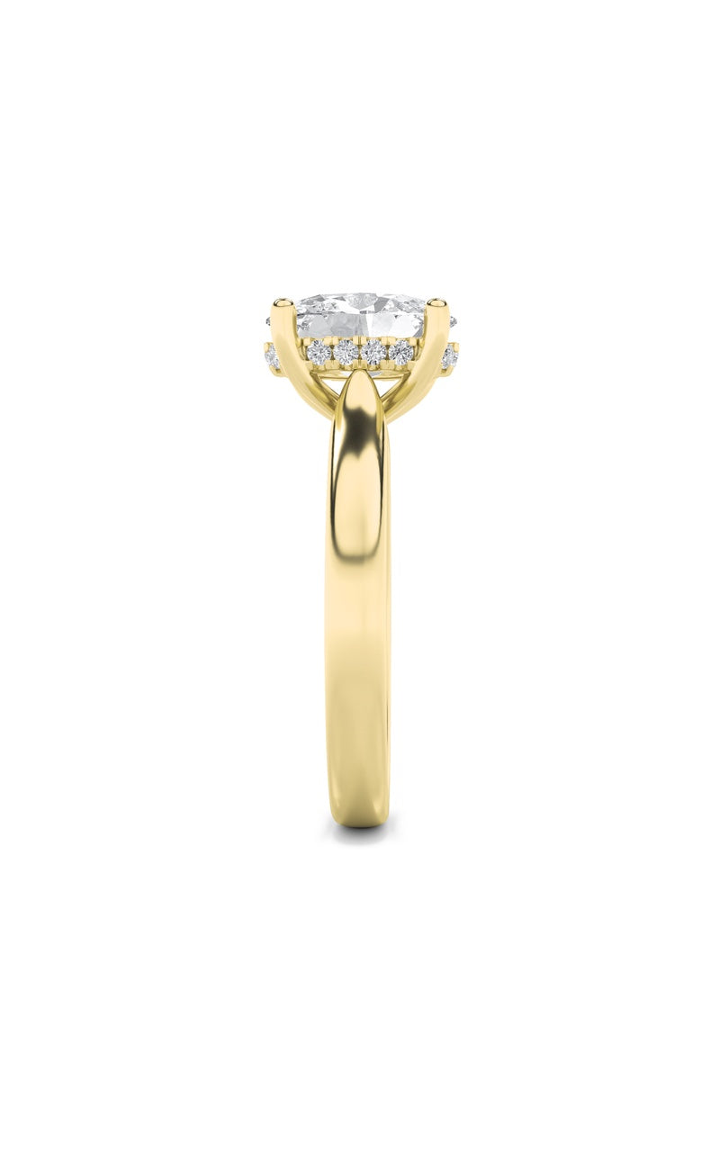 2CTW Oval Shaped Lab Grown Diamond (F/VS) Hidden Halo Cathedral Shank Engagement Ring in 14K Gold