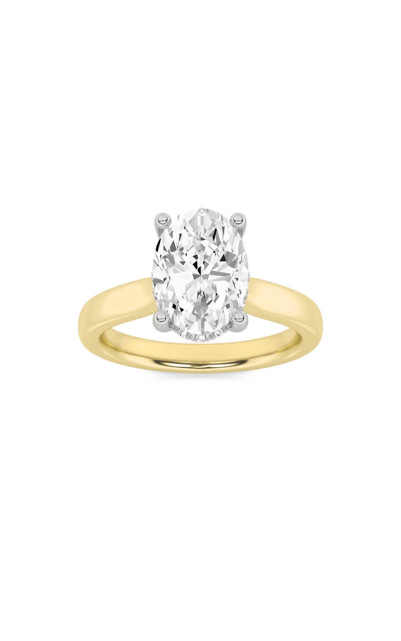 2CTW Oval Shaped Lab Grown Diamond (F/VS) Hidden Halo Cathedral Shank Engagement Ring in 14K Gold