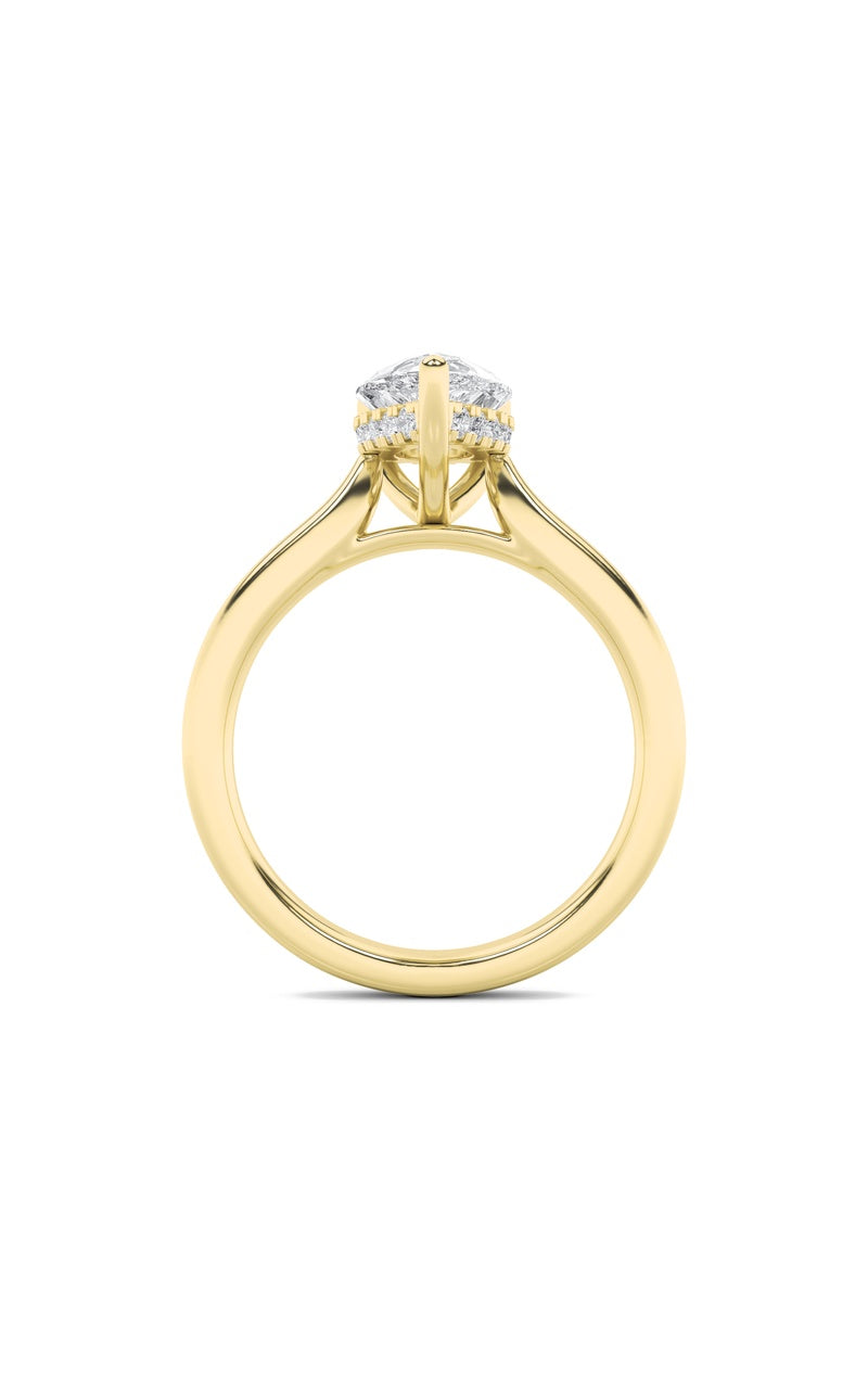 1CTW Pear Shaped Lab Grown Diamond (F/VS) Hidden Halo Cathedral Shank Engagement Ring in 14K Gold