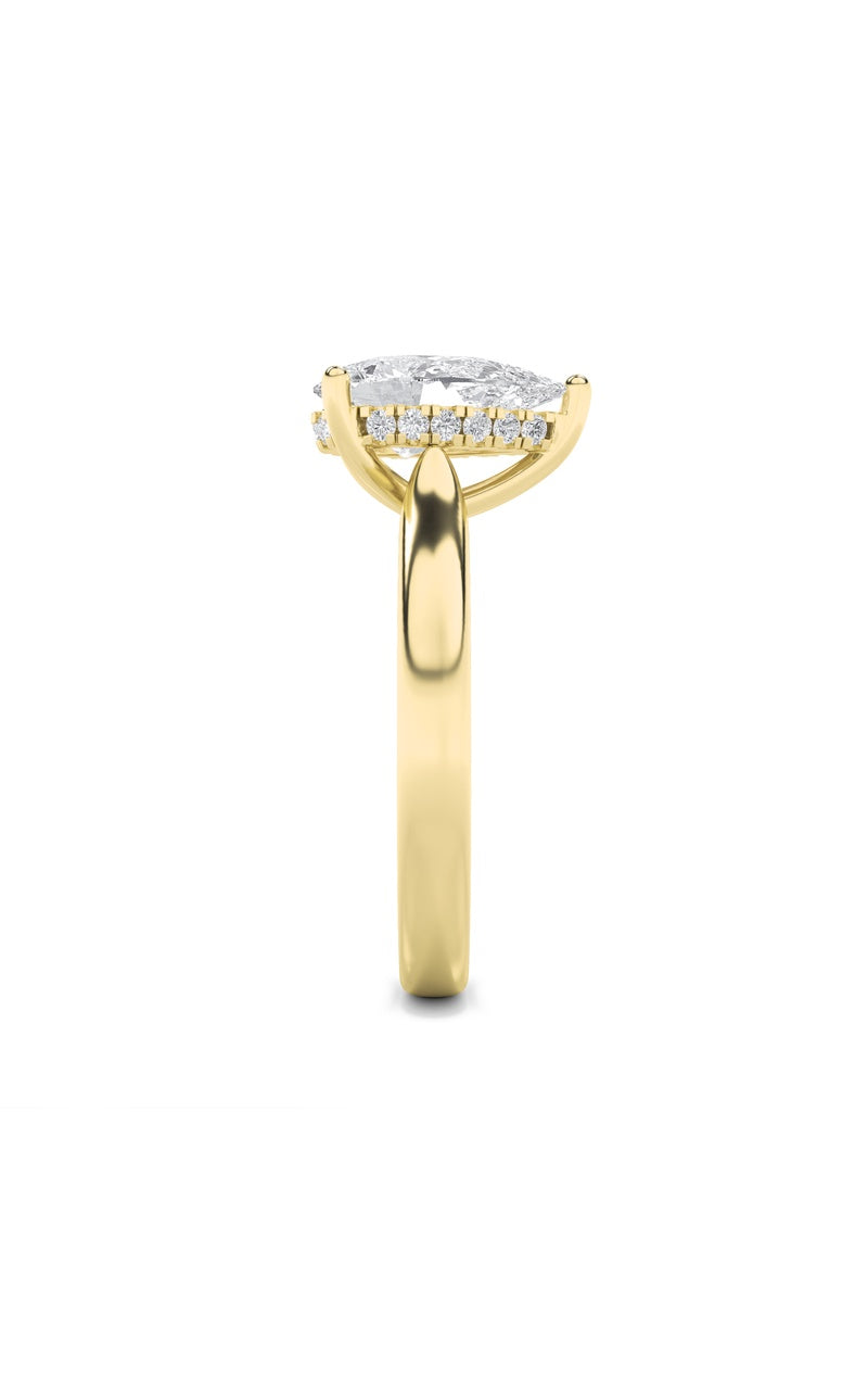 1CTW Pear Shaped Lab Grown Diamond (F/VS) Hidden Halo Cathedral Shank Engagement Ring in 14K Gold