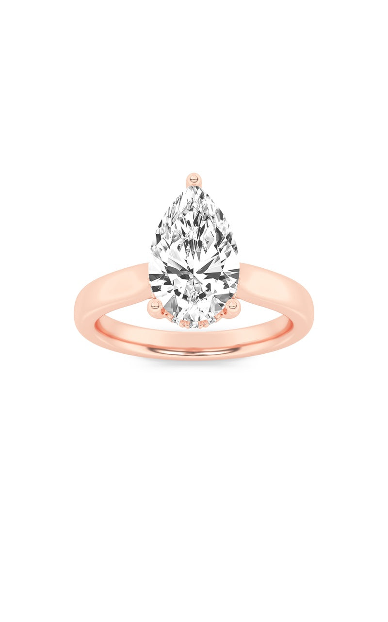 2CTW Pear Shaped Lab Grown Diamond (F/VS) Hidden Halo Cathedral Shank Engagement Ring in 14K Gold