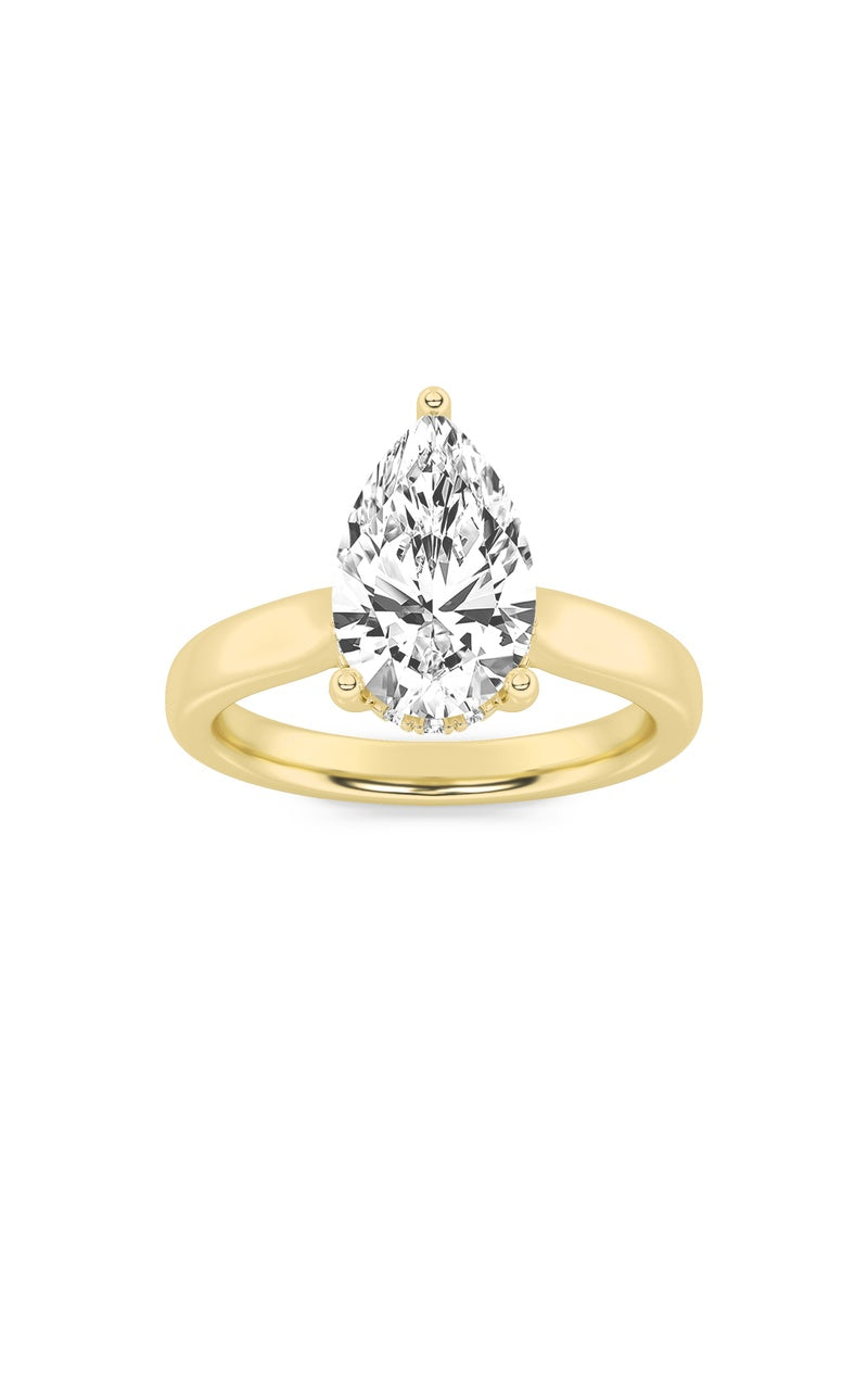 3CTW Pear Shaped Lab Grown Diamond (F/VS) Hidden Halo Cathedral Shank Engagement Ring in 14K Gold