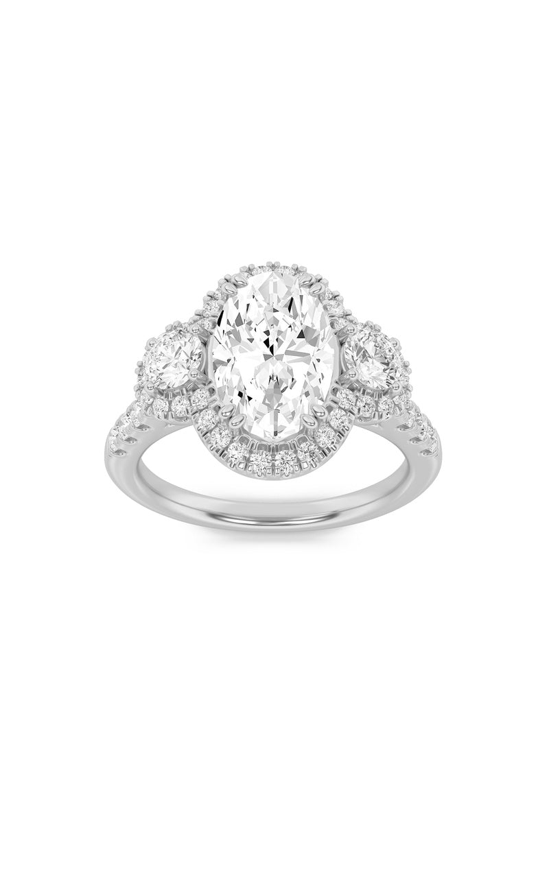 3CTW Oval Shaped Lab Grown Diamond (F/VS) Three Stone Accented Ring in 14K Gold