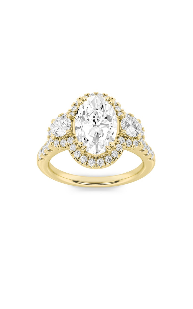 3CTW Oval Shaped Lab Grown Diamond (F/VS) Three Stone Accented Ring in 14K Gold