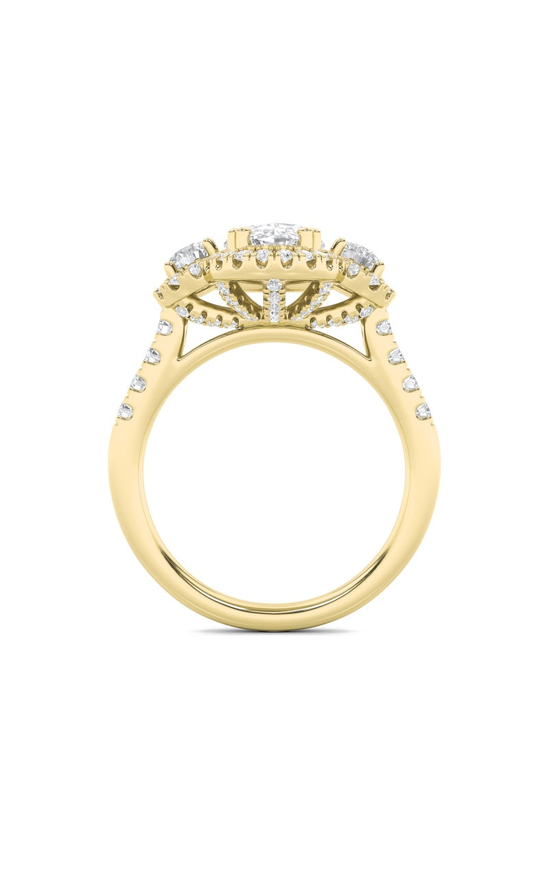 3CTW Oval Shaped Lab Grown Diamond (F/VS) Three Stone Accented Ring in 14K Gold