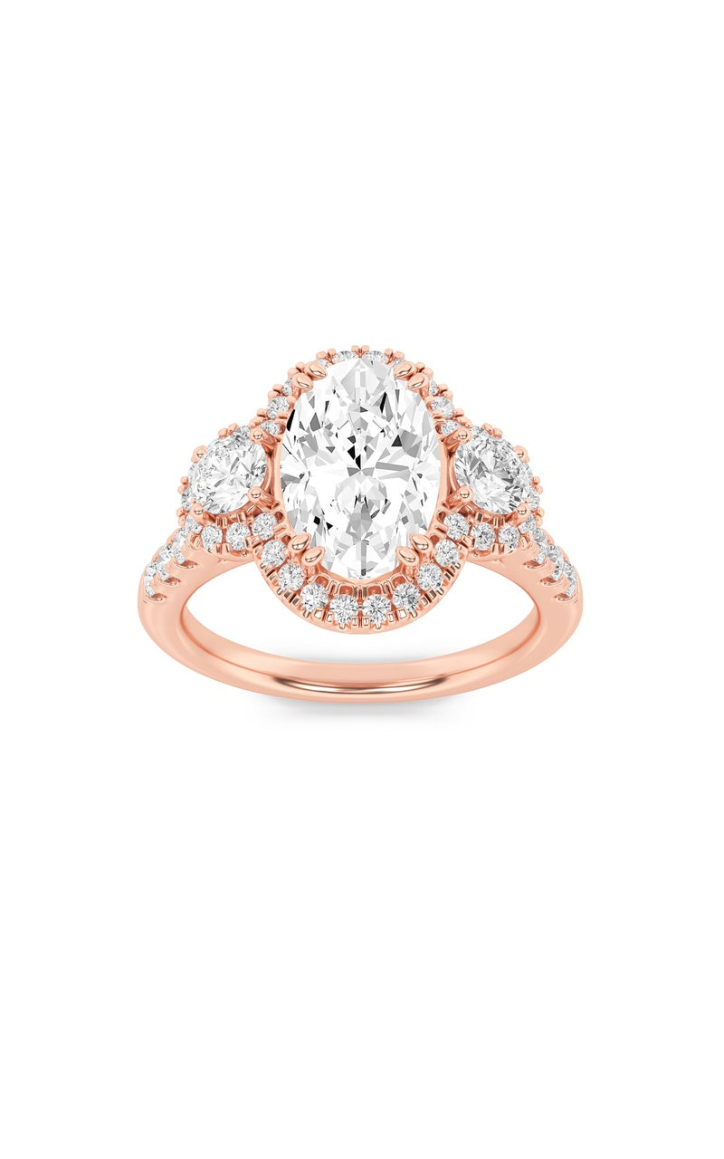 3CTW Oval Shaped Lab Grown Diamond (F/VS) Three Stone Accented Ring in 14K Gold