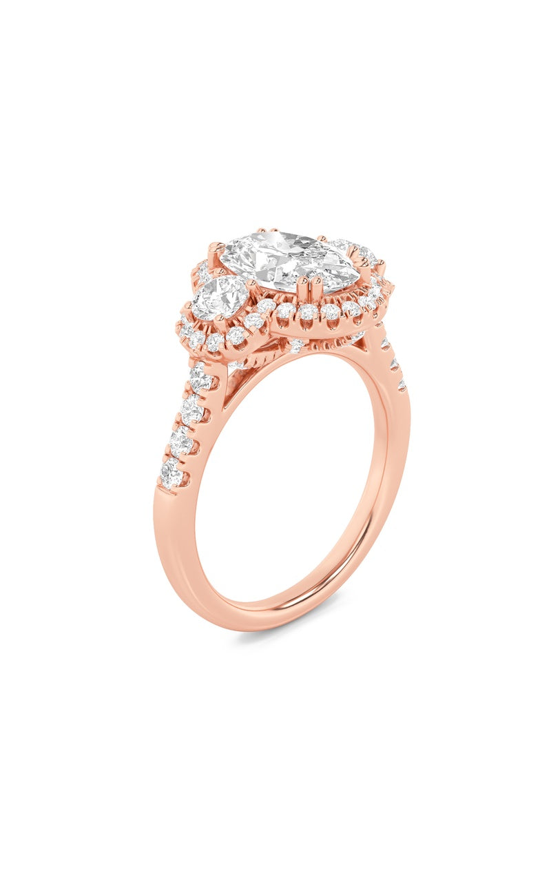 3CTW Oval Shaped Lab Grown Diamond (F/VS) Three Stone Accented Ring in 14K Gold