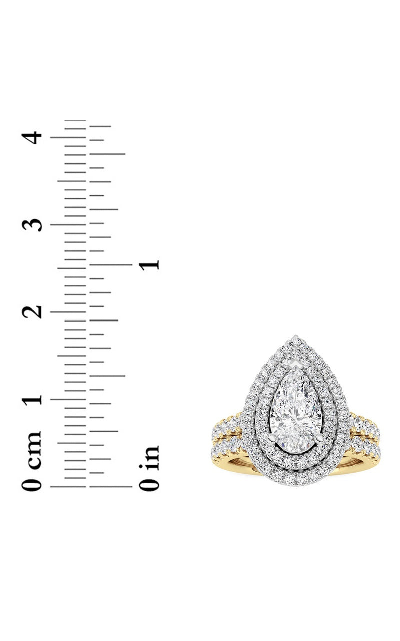 2CTW Pear Shaped Lab Grown Diamond (F/VS) Double Halo Bridal Set Engagement Ring Set in 14K Gold