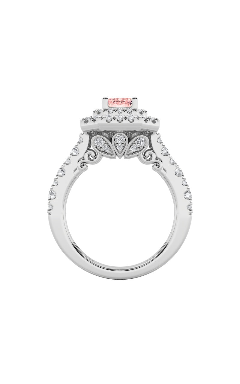 2CTW Emerald Shaped Lab Grown Diamond (F/VS) Double Halo Engagement Ring in 14K Gold