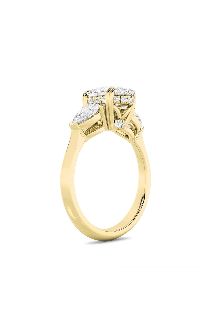 3CTW Oval Shaped Lab Grown Diamond (F/VS) Three Stone Hidden Halo Ring in 14K Gold