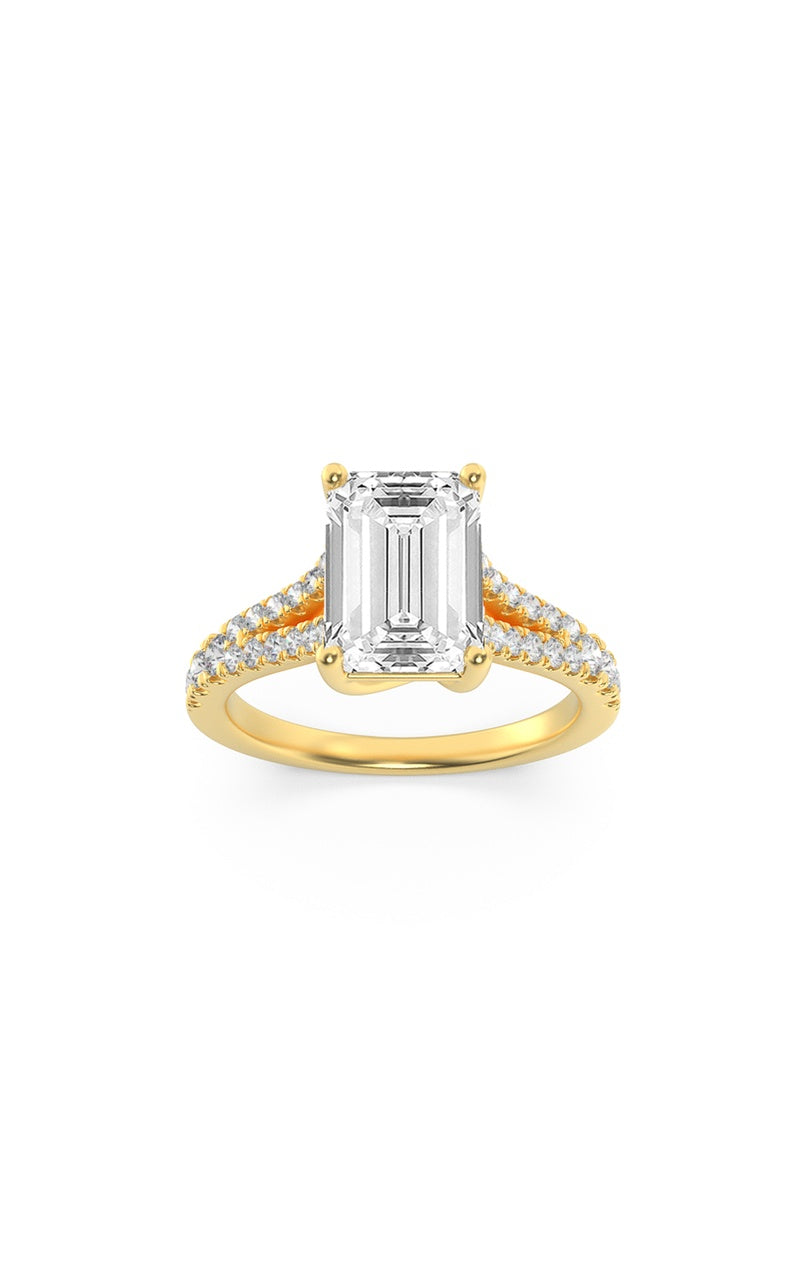 2CTW Emerald Shaped Lab Grown Diamond (F/VS) Split Shank Trellis Engagement Ring in 14K Gold