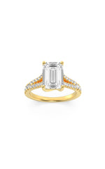 Load image into Gallery viewer, 2CTW Emerald Shaped Lab Grown Diamond (F/VS) Split Shank Trellis Engagement Ring in 14K Gold
