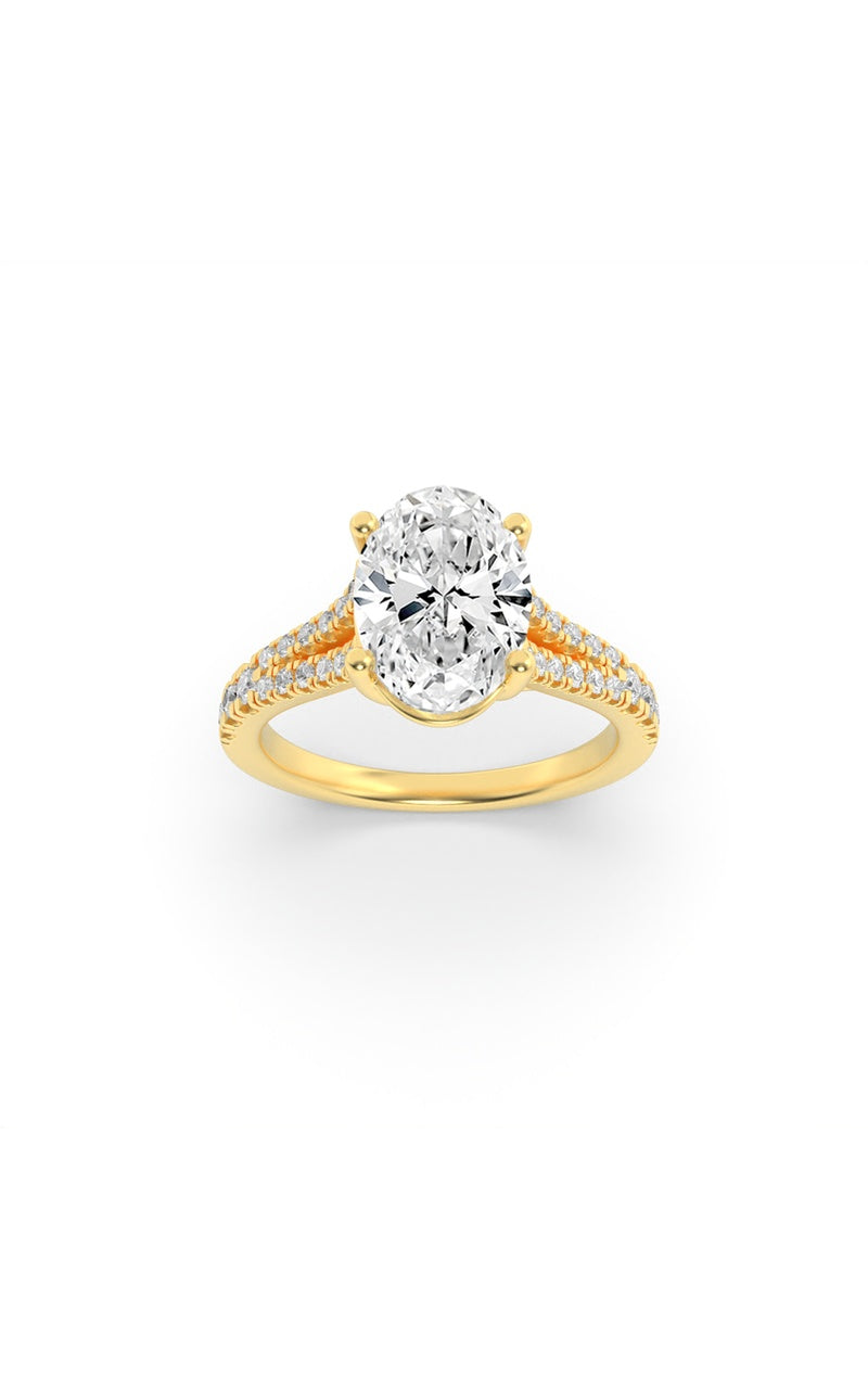 2CTW Oval Shaped Lab Grown Diamond (F/VS) Split Shank Trellis Engagement Ring in 14K Gold